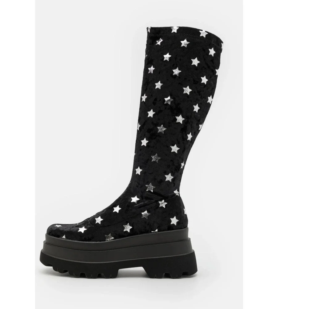 Koi Footwear Women Celestial Dusk Trident Velvet Star Platform Boots US 5 Black